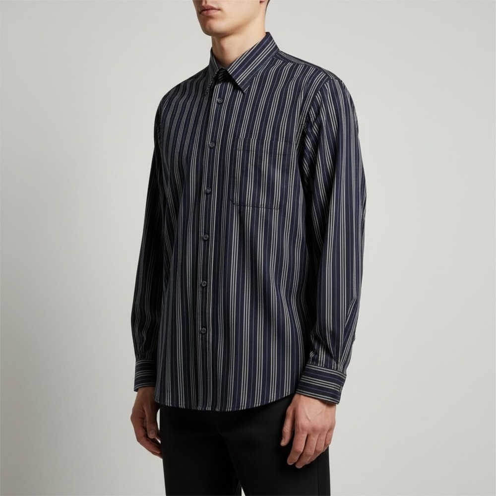 Haggar‎ 1990s Mens Dress Shirt Large Black Purple Striped No Iron Long Sleeve
